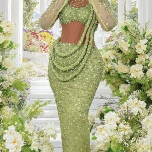 Lemon Green Occassion/ wedding beaded lace Long-sleeve Dress