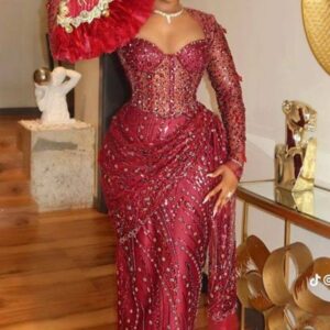Burgundy Beaded Wrap-up long-sleeve dress for traditional wedding