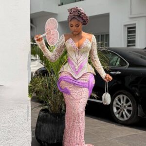 Baby pink and purple long-sleeve traditional wedding dress