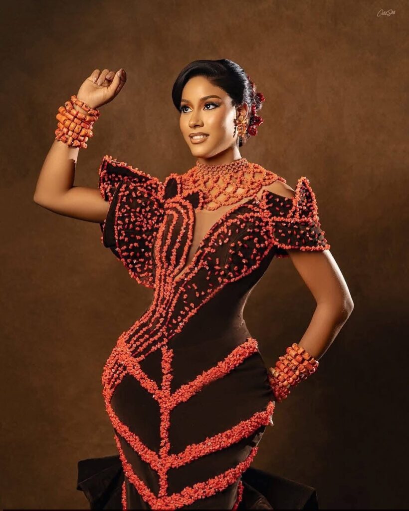 Sleycrafts Coffee brown Swede with native beads fitted dress for Traditional wedding